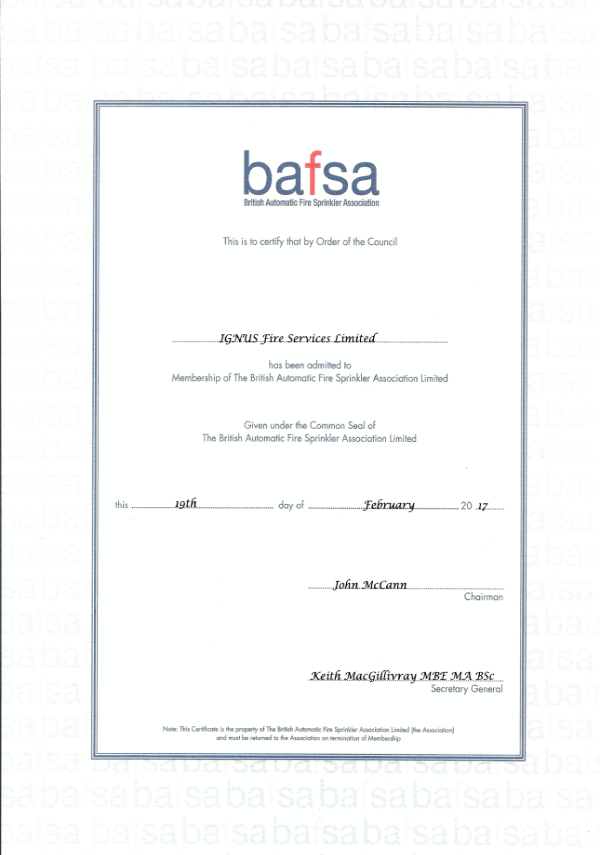 IGNUS Fire Services Ltd BAFSA Membership Certificate